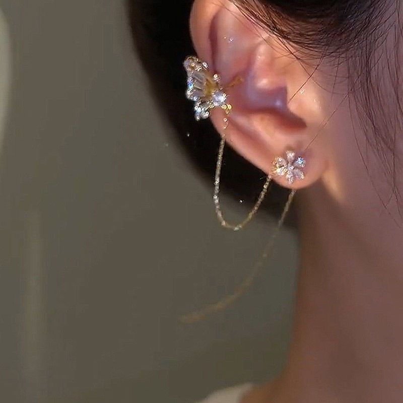 Butterfly Flower Ear Clip One-piece Tassel Earrings W449 MK Kawaii Store