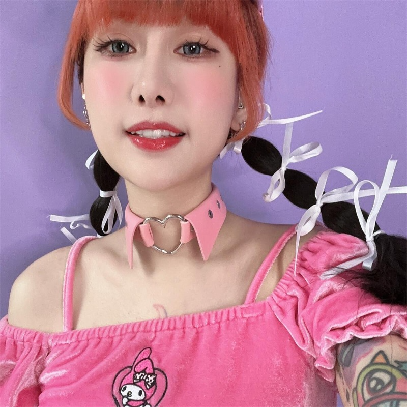 Pink Fake Collar Hollow SIiver Heart PU Choker ON789 Cospicky