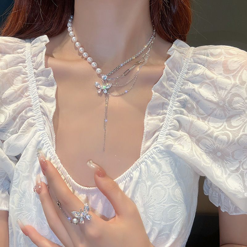 Diamond And Pearls Rings Butterfly Necklace - Heartzcore