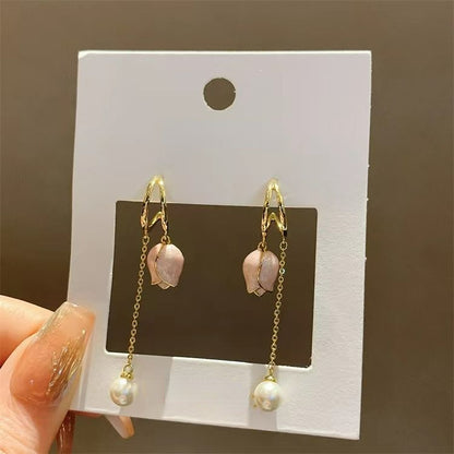 Pink tulip fringe long pearl earrings MK18474 MK Kawaii Store