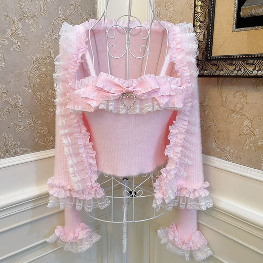 Pink Sweater Cardigan With Bow Short Sling Suit MK18732