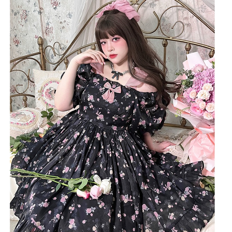 Princess Pink Roses Black Casual Lolita Dress ON803 KawaiiMoriStore