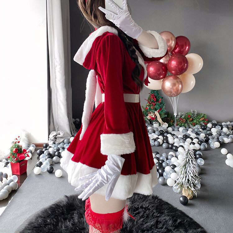 Bunny Ears Bow Knot Hooded Dress Set Christmas