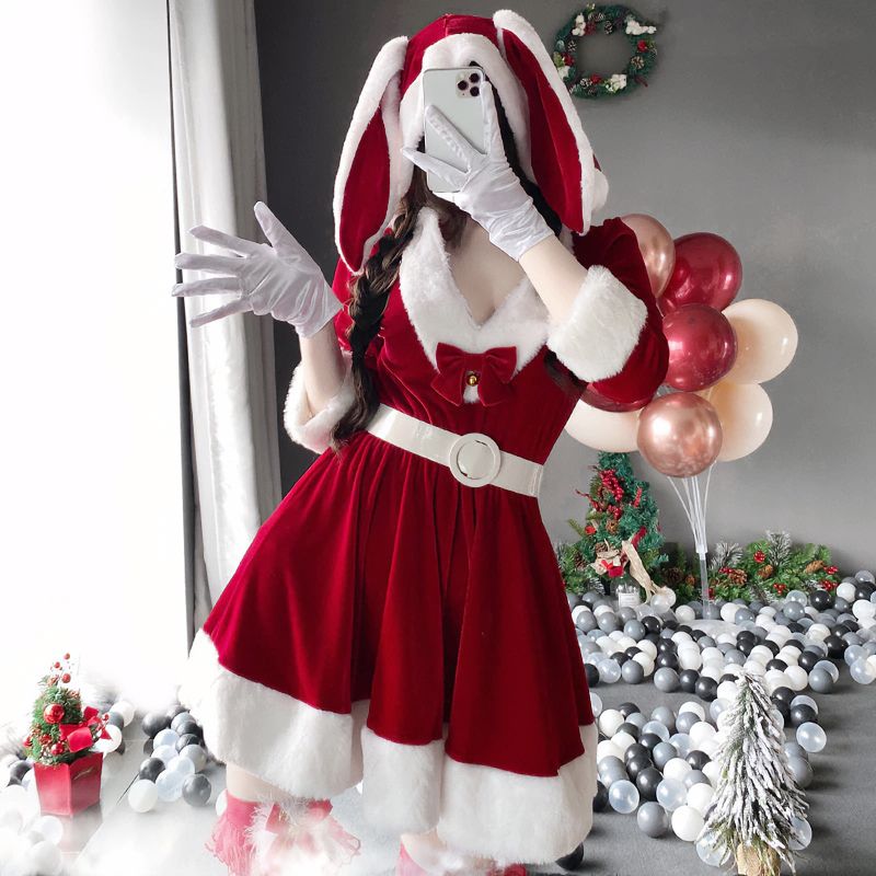 Bunny Ears Bow Knot Hooded Dress Set Christmas MK Kawaii Store