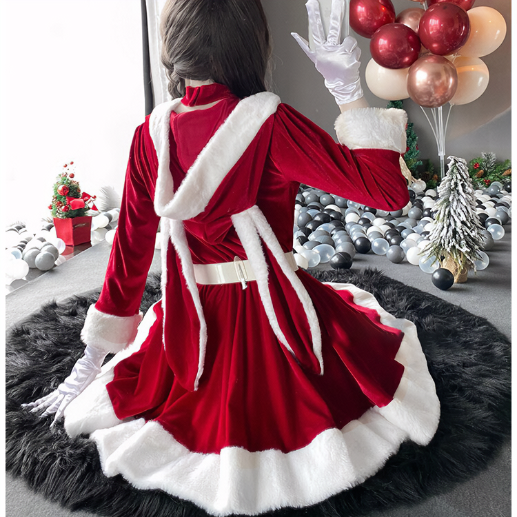 Bunny Ears Bow Knot Hooded Dress Set Christmas MK Kawaii Store