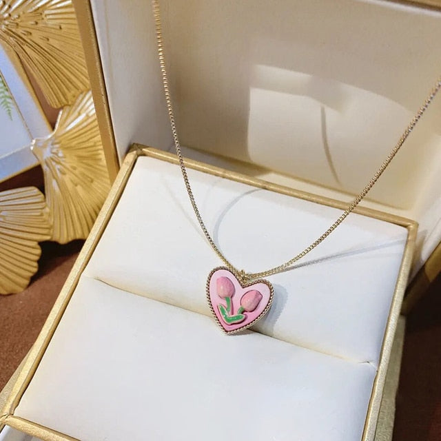 Pearl tulip heart temperament clavicle chain earrings MK Kawaii Store