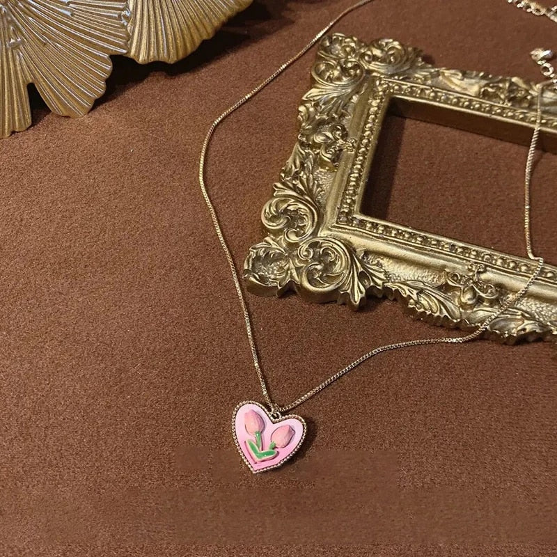 Pearl tulip heart temperament clavicle chain earrings