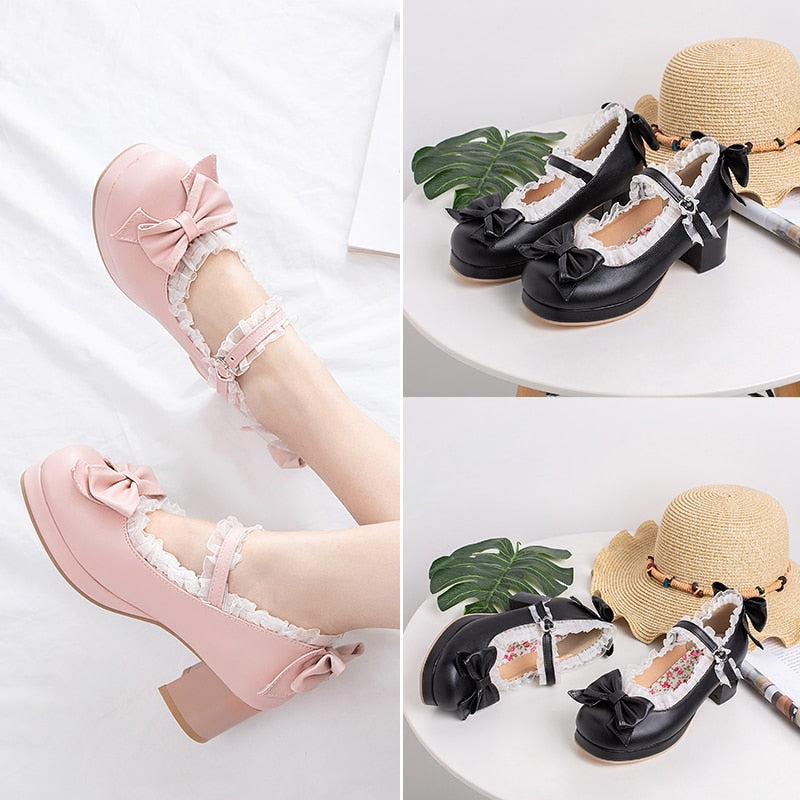 bow and lace detail maryjane heels - Cupcake MK Kawaii Store