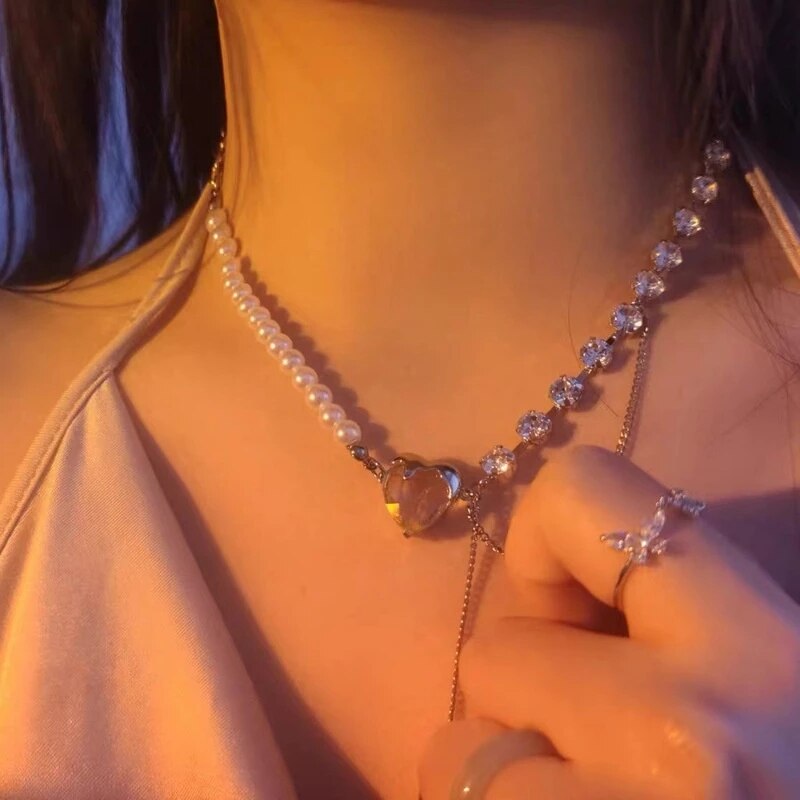 Irregular Crystal Heart Necklace - Cupcake MK Kawaii Store