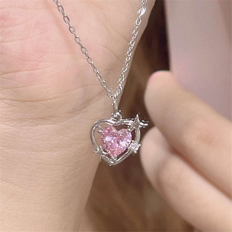 Hollow Crystal Pendant Heart Necklace - Cupcake MK Kawaii Store