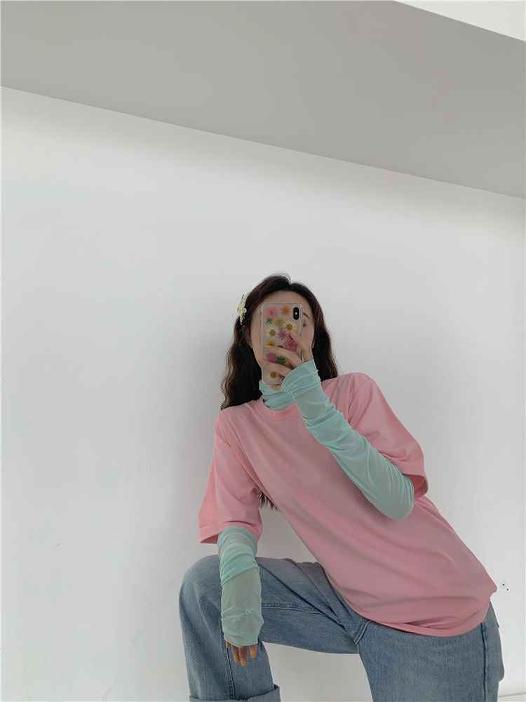 Elbow-Sleeve Plain T-Shirt / Long-Sleeve Sheer Top MK19202 MK Kawaii Store