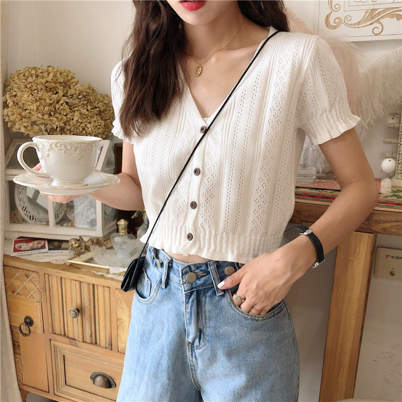 Short-Sleeve Perforated Cropped Cardigan WI45
