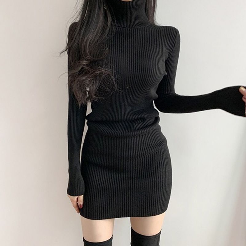 Long-Sleeve Turtleneck Mini Bodycon Knit Dress ZR35 MK Kawaii Store