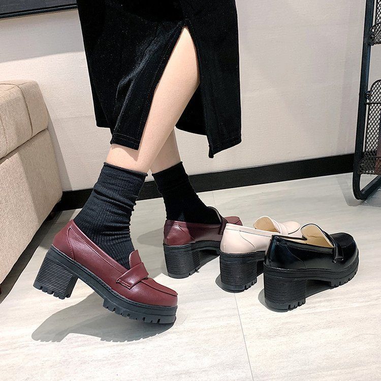 Plain Platform Chunky Heel Loafers BH24 MK Kawaii Store