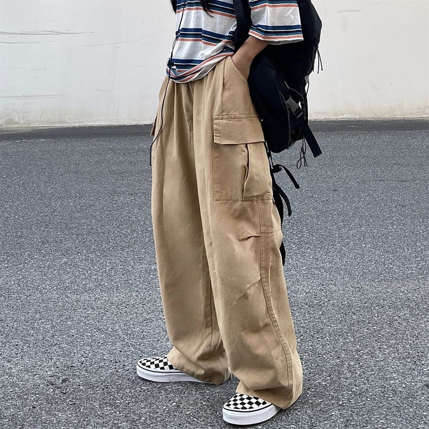 Elastic-Waist Wide-Leg Cargo Pants dd17 MK Kawaii Store