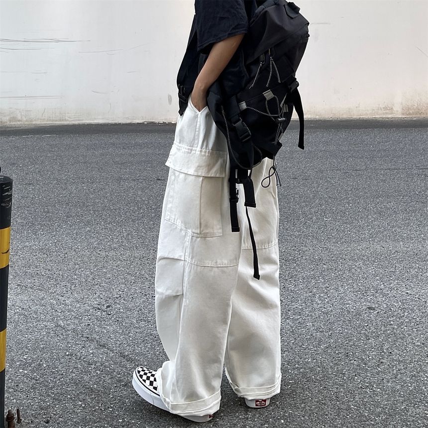 Elastic-Waist Wide-Leg Cargo Pants dd17 MK Kawaii Store