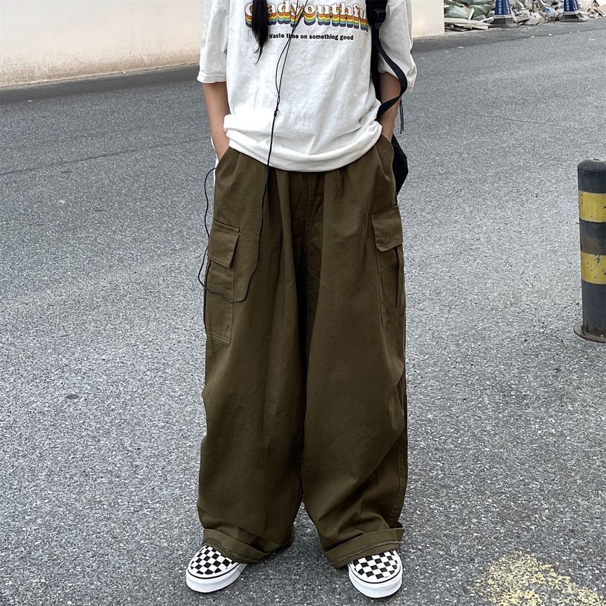 Elastic-Waist Wide-Leg Cargo Pants dd17 MK Kawaii Store