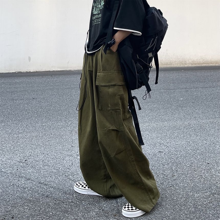 Elastic-Waist Wide-Leg Cargo Pants dd17 MK Kawaii Store