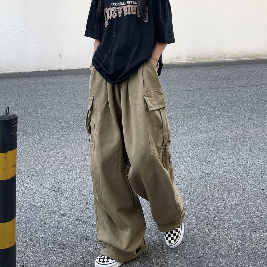 Elastic-Waist Wide-Leg Cargo Pants dd17 MK Kawaii Store