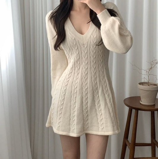 Long-Sleeve Cable-Knit Mini A-Line Sweater Dress ZR22