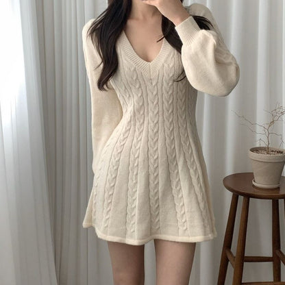 Long-Sleeve Cable-Knit Mini A-Line Sweater Dress ZR22 MK Kawaii Store