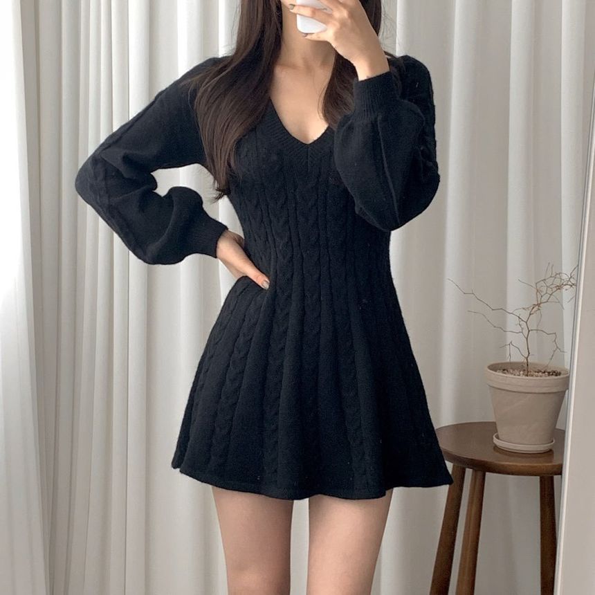 Long-Sleeve Cable-Knit Mini A-Line Sweater Dress ZR22 MK Kawaii Store
