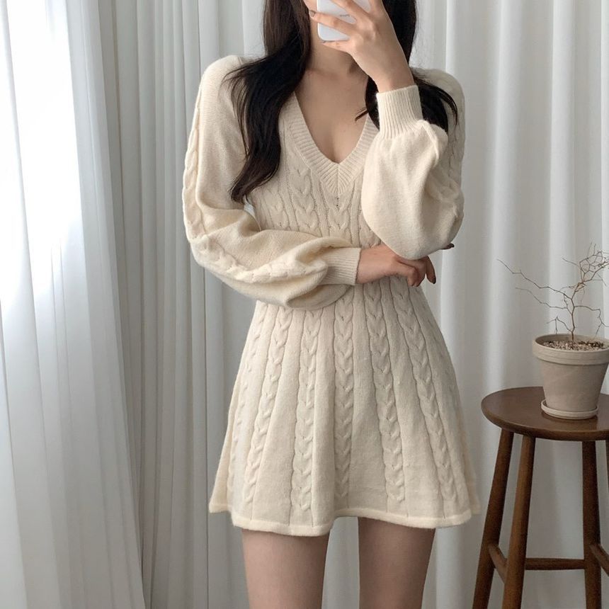 Long-Sleeve Cable-Knit Mini A-Line Sweater Dress ZR22 MK Kawaii Store