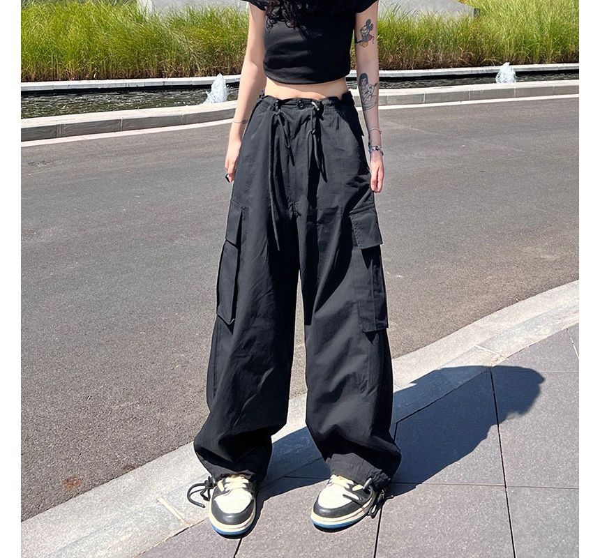 High Waist Plain Wide Leg Cargo Pants dd26 MK Kawaii Store