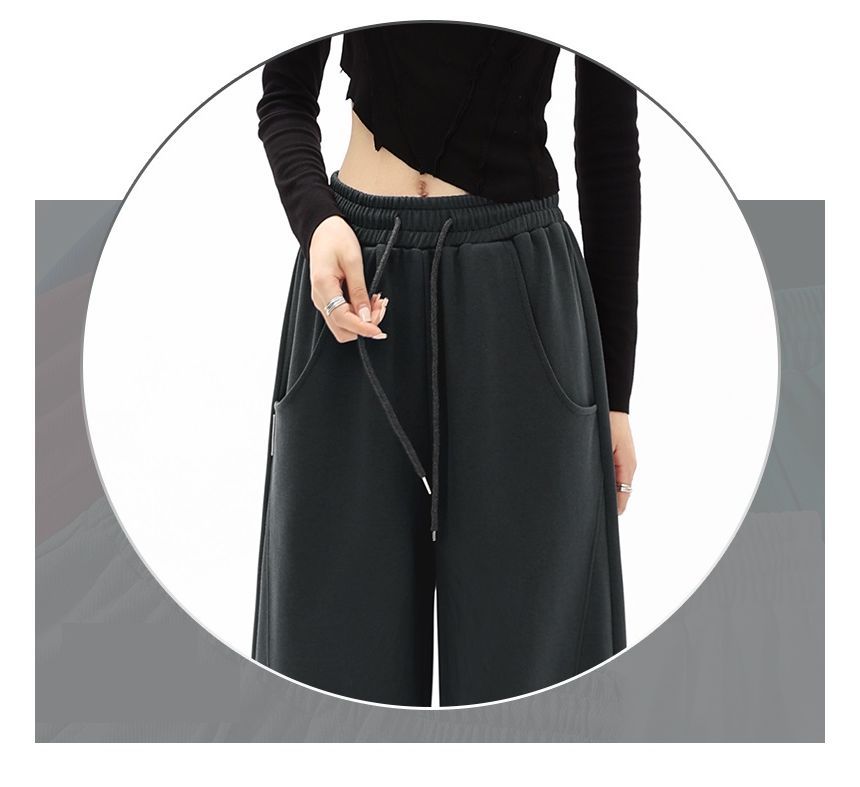 Mid-Waist Drawstring Pocketed Wide-Leg Plain Sweatpants dd22