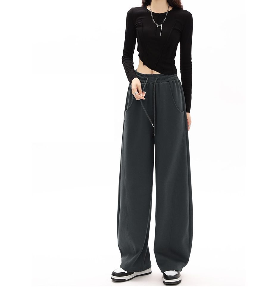 Mid-Waist Drawstring Pocketed Wide-Leg Plain Sweatpants dd22 MK Kawaii Store