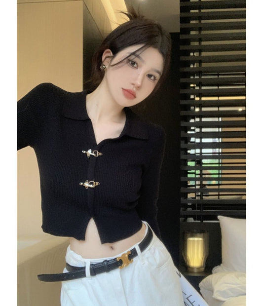 Long-Sleeve Collared Clasped Crop Knit Top OE34 MK Kawaii Store