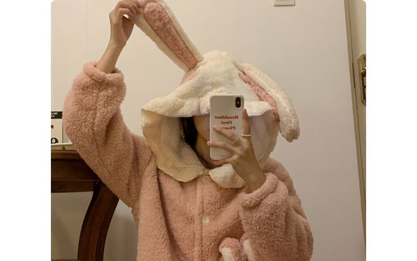 Rabbit Ear Hooded Fleece Pajama Robe OE16
