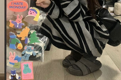 Crew Neck Striped Midi Sweater Dress IL35 MK Kawaii Store