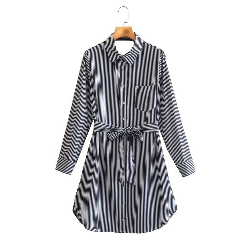 Long-Sleeve Collared Striped Mini Shirt Dress aa27 MK Kawaii Store