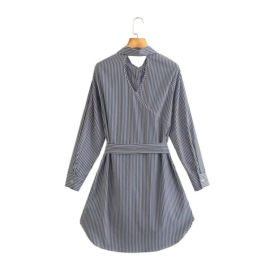 Long-Sleeve Collared Striped Mini Shirt Dress aa27 MK Kawaii Store