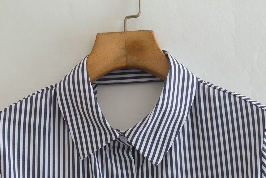 Long-Sleeve Collared Striped Mini Shirt Dress aa27