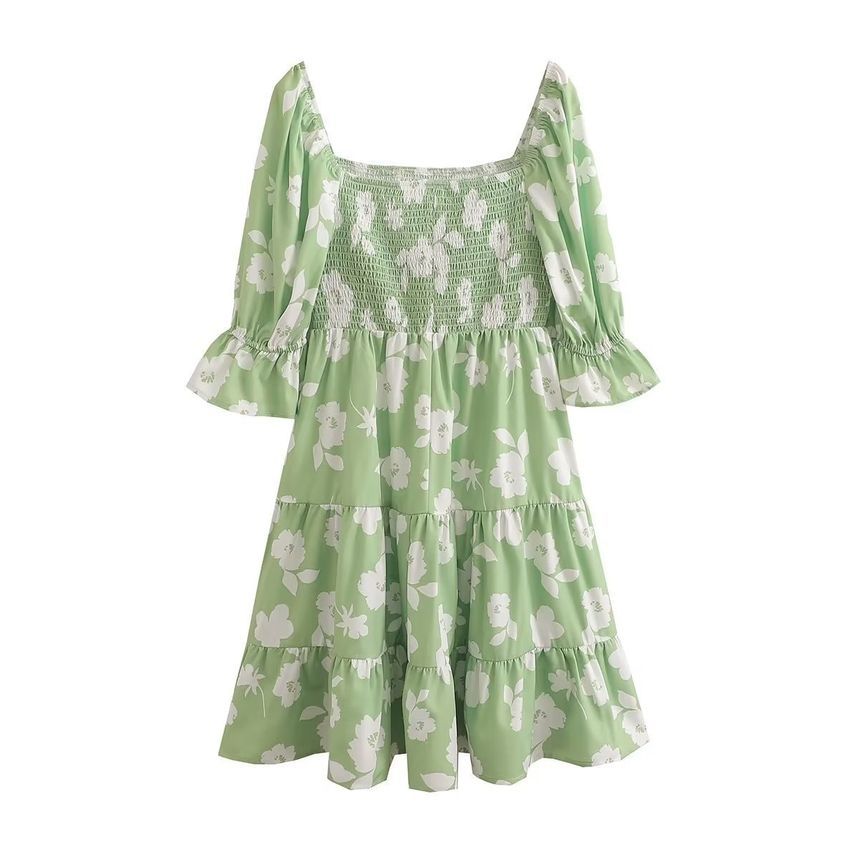 Elbow-Sleeve Square Neck Floral Mini A-Line Dress aa26