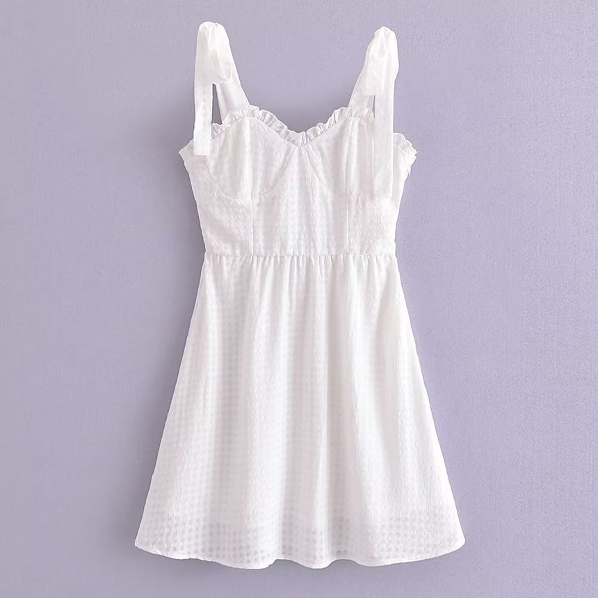 Spaghetti Strap Scoop Neck Ruffle Trim Mini A-Line Dress aa25 MK Kawaii Store