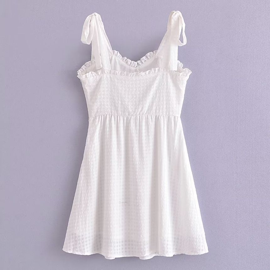 Spaghetti Strap Scoop Neck Ruffle Trim Mini A-Line Dress aa25 MK Kawaii Store