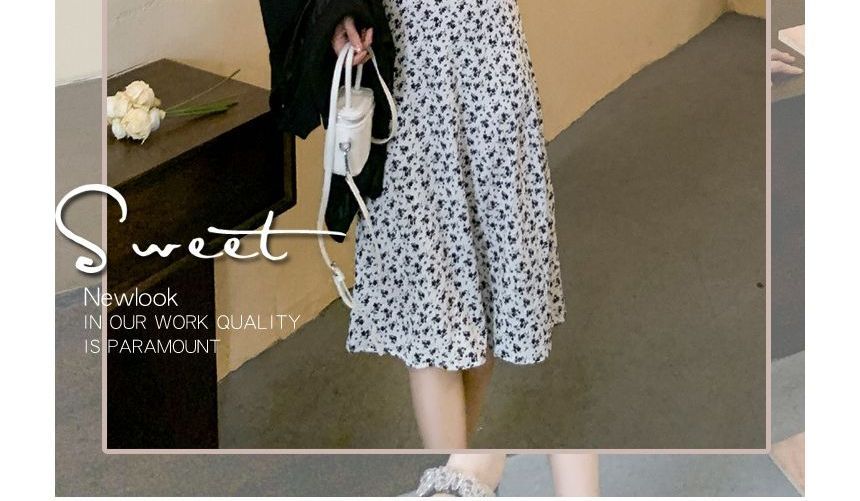 Long-Sleeve Square Neck Floral Print Midi A-Line Dress aa20 MK Kawaii Store