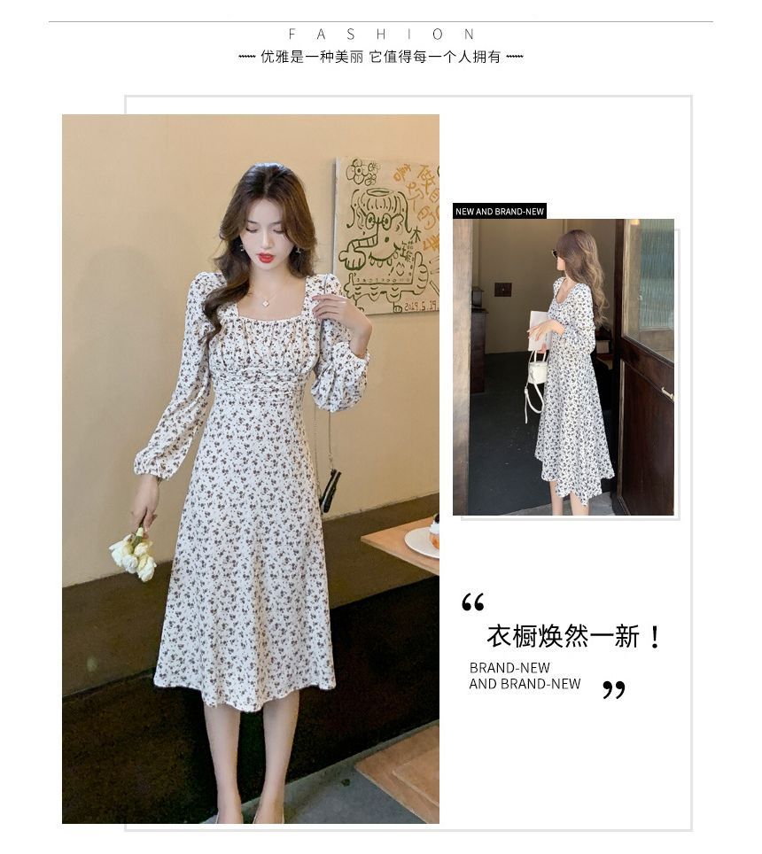 Long-Sleeve Square Neck Floral Print Midi A-Line Dress aa20
