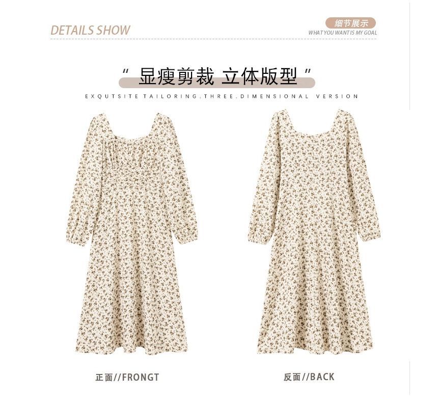 Long-Sleeve Square Neck Floral Print Midi A-Line Dress aa20 MK Kawaii Store