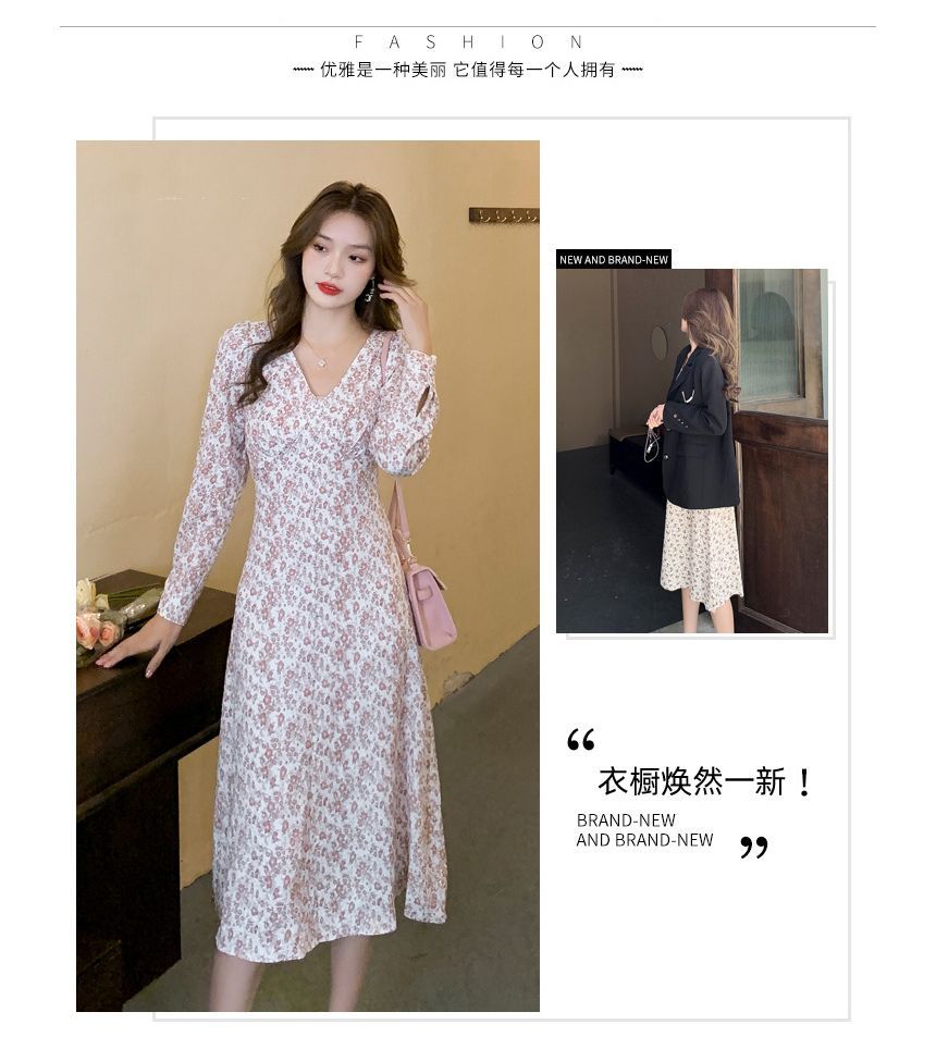 Long-Sleeve V-Neck Floral Print Midi A-Line Dress aa21 MK Kawaii Store