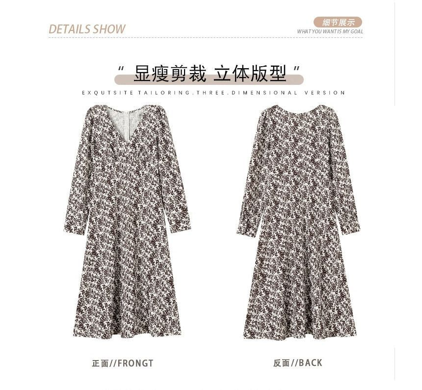 Long-Sleeve V-Neck Floral Print Midi A-Line Dress aa21 MK Kawaii Store