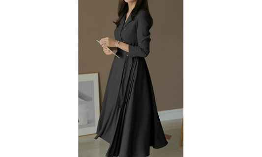 Long-Sleeve Lapel Collar Sashed Plain Double-Breasted Midi A-Line Dress aa8 MK Kawaii Store