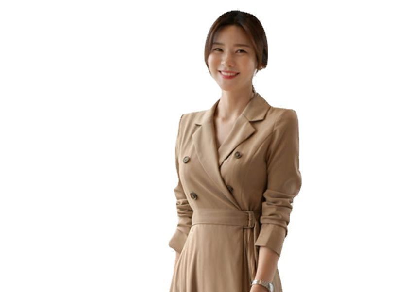 Long-Sleeve Lapel Collar Sashed Plain Double-Breasted Midi A-Line Dress aa8
