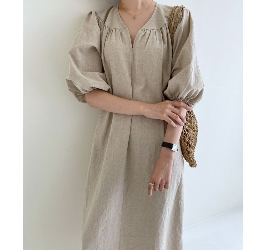 Elbow-Sleeve V-Neck Plain Linen Midi A-Line Dress aa1 MK Kawaii Store