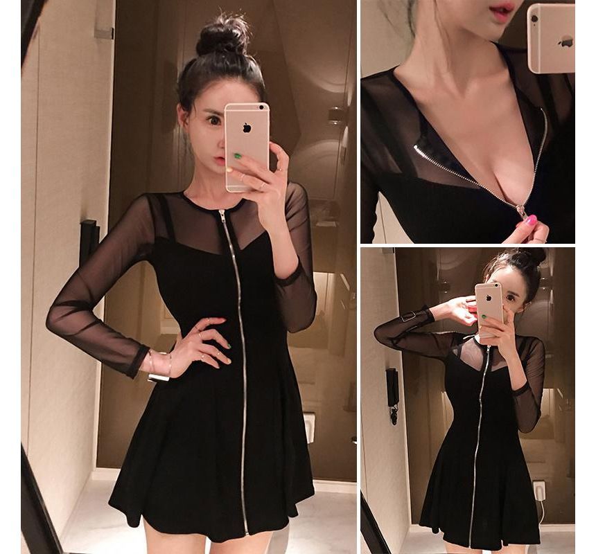 Long-Sleeve Crew Neck Plain Zip-Up Sheer Panel Mini A-Line Dress aa33 MK Kawaii Store