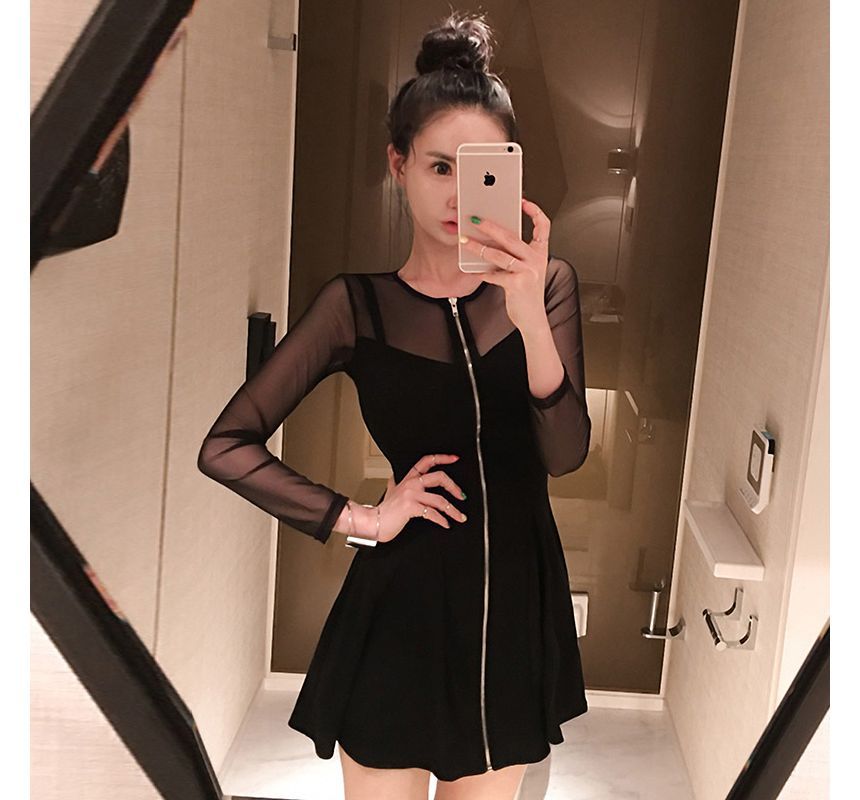 Long-Sleeve Crew Neck Plain Zip-Up Sheer Panel Mini A-Line Dress aa33 MK Kawaii Store