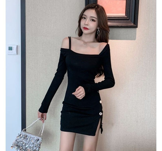 Long-Sleeve Cold Shoulder Button Accent Plain Slit Mini Bodycon Dress aa35 MK Kawaii Store